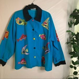 Bleu Bayou turquoise jacket with embroidered tropical fish